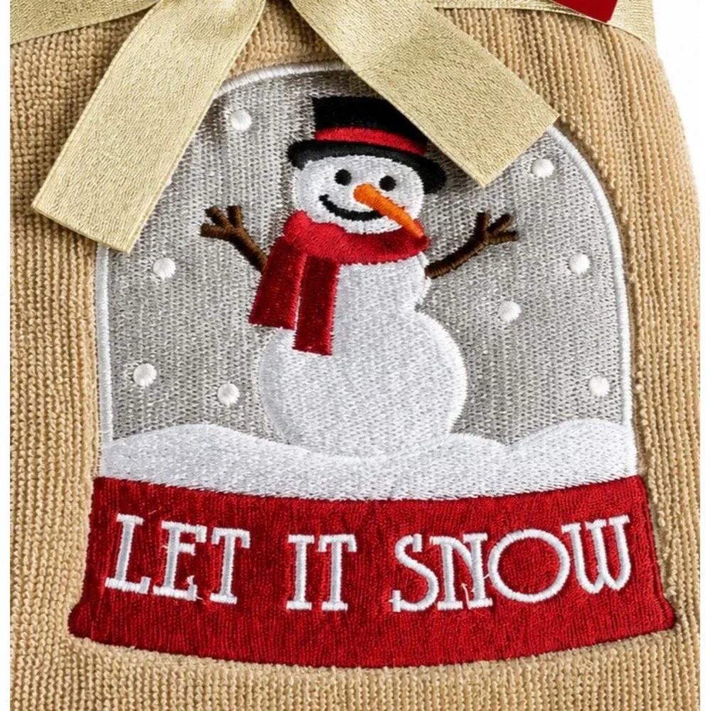 Christmas Snow Globe Hand Towels Set of 2 Snowman Embroidered Beige Holiday Bath